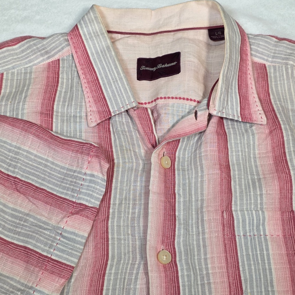 Tommy Bahama Linen Shirt Mens Large Pink Striped Linen Button Up Collared Beach